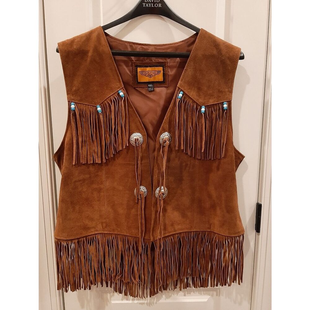 Dream Apparel Brown Suede Fringe Vest Western Concho Beaded Boho Women’s XL 1X